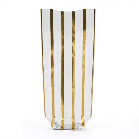 Box of 100.webp Polypropylene Bag; Gold Stripe Bag; Narrow Vertical Stripes 100mm wide x 220mm high;